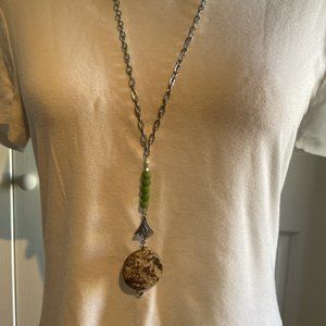Women's Long Silver Necklace with Brown Stone Pendant and Green Beads EUC